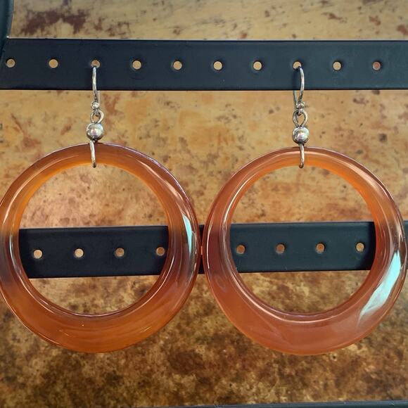 Sterling Silver and Carnelian Agate Earrings Front Facing Hoop Made in USA - Picture 1 of 7